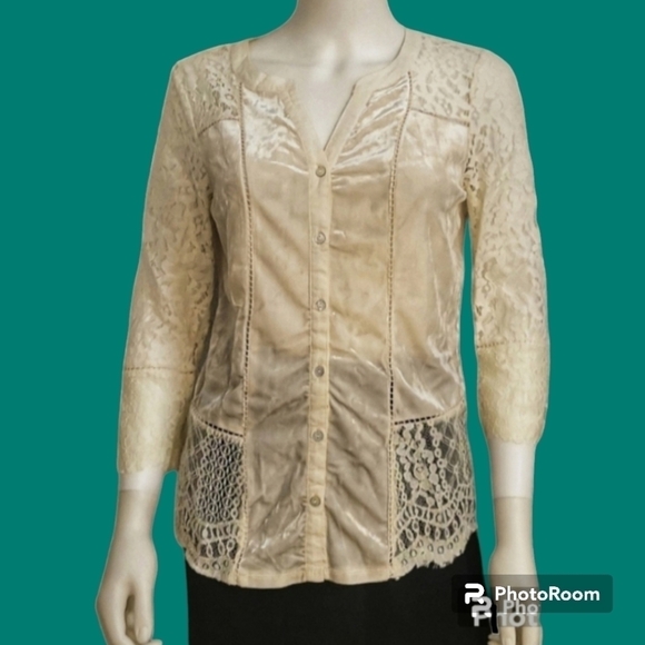 Vintage AMERICA Velvet Lace Button Down Boho Festival Blouse - Picture 1 of 8